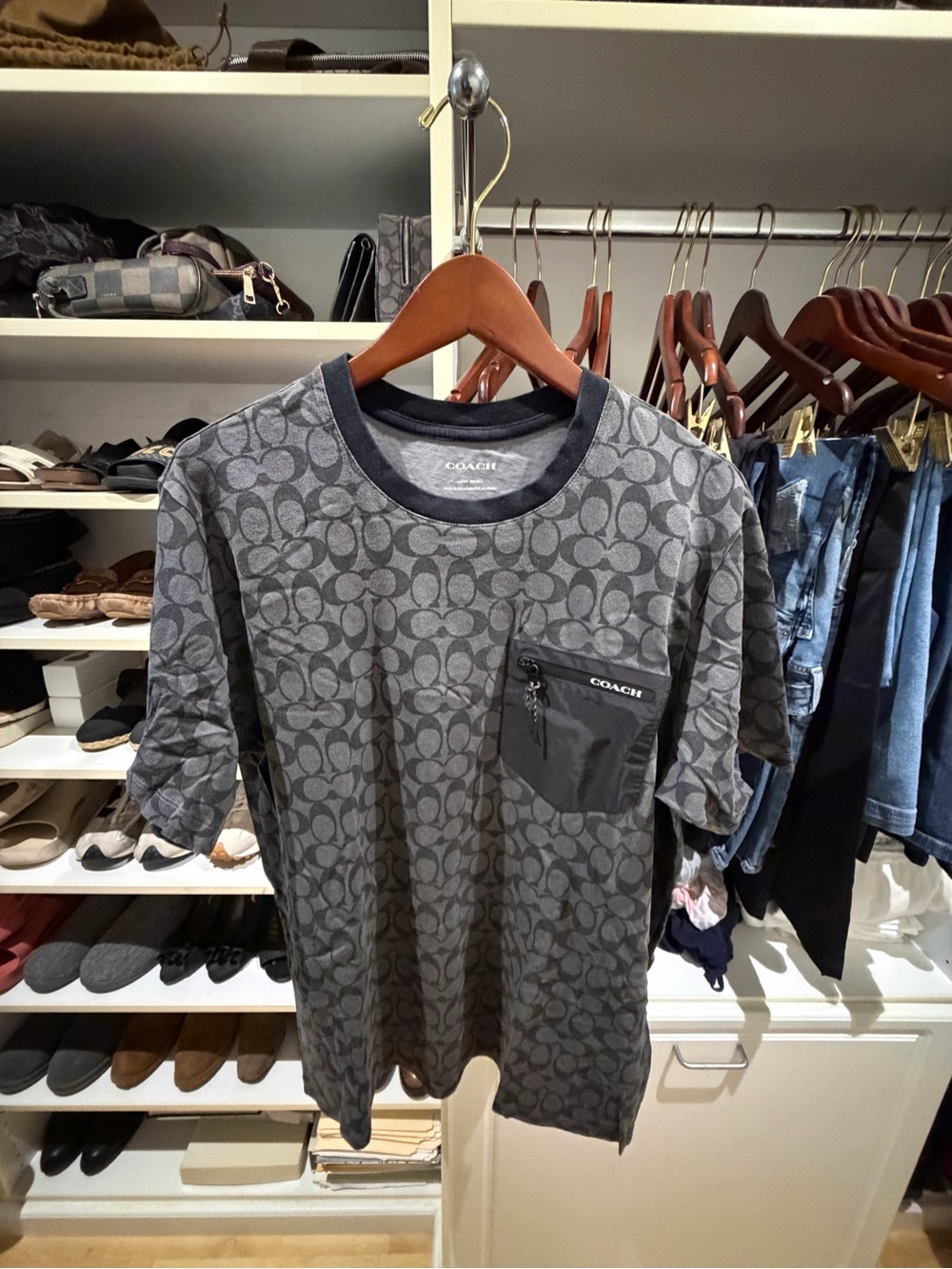 Men’s Coach Charcoal Gray Signature Pocket Tee, Size: L